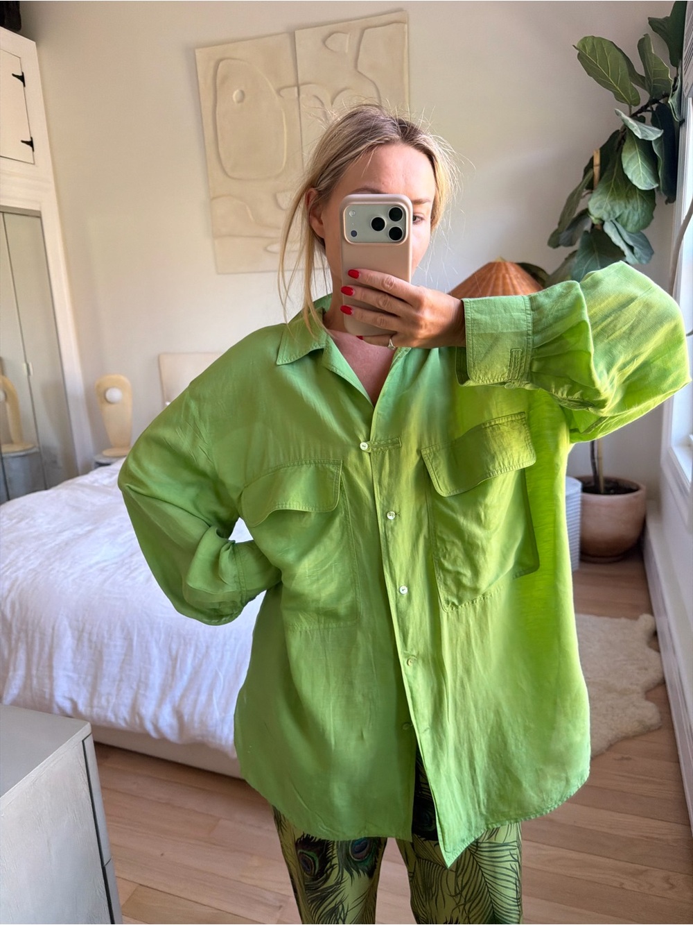 Massimo Dutti Green Linen/silk Oversized Button Down Shirt Size medium
